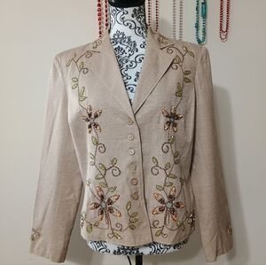 Silk Land Beige Floral Beaded Silk Blazer Size 12